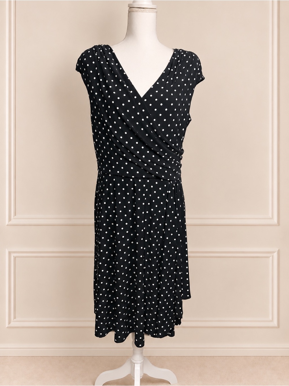 Lauren Ralph Lauren Polka Dot Faux Wrap Midi Dress Black White Size 14 - Picture 2 of 6